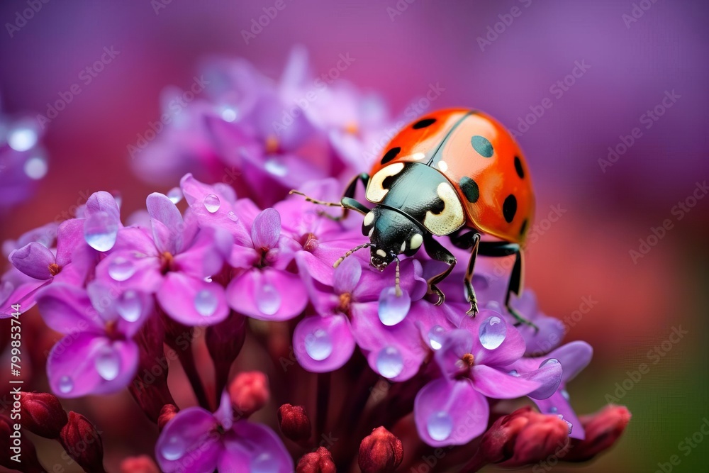 Ladybug landing on a colorful garden flower, macro lens used for deep detail of both bug and bloom