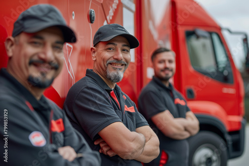 Three delivery drivers and courier truck