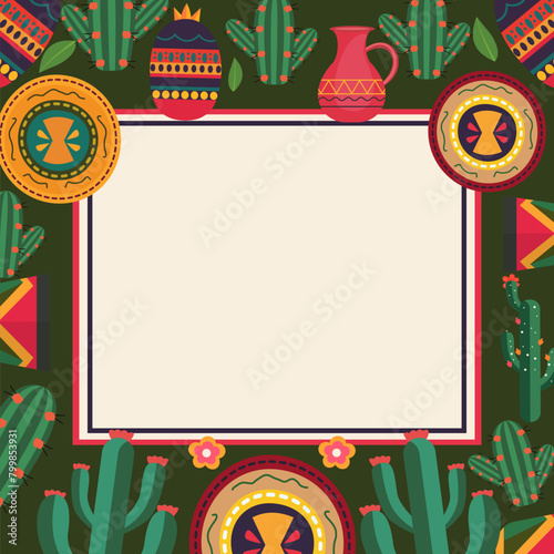 Cinco De Mayo Green Frame Background with Cowboy Hat Cactus Decoration and Copy Space