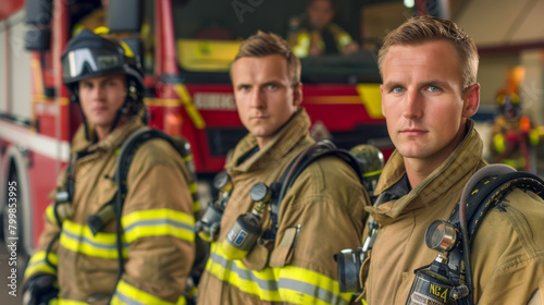 Three firefighters stand in front of a fire truck