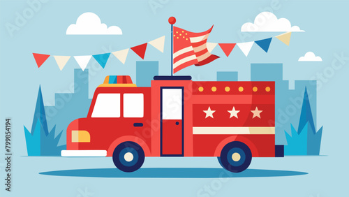 The towns fire truck adorned with patriotic banners leads the way as it blares its siren.. Vector illustration