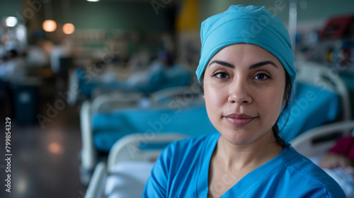 A nurse in a blue scrubs is standing in a hospital room, health care and medical occupation concept.