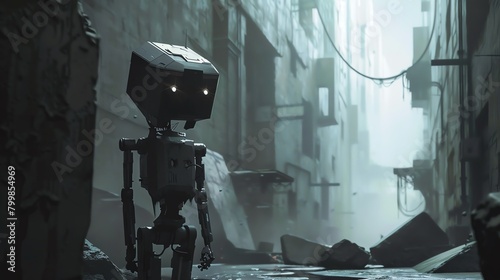 Design a visually captivating scene where a robotic figure emerges from the shadows in a grim urban landscape Experiment with unconventional viewpoints to highlight the contrast be