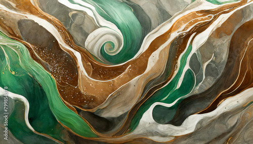 Abstract fluid art painting with swirling and wavy patterns of brown, green, grey and white earthy colors. Modern multicolor sinuous serpentine spiral flow mixing background.
