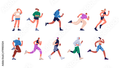 Active runners set. Joggers jogging in sportswear. Healthy men and women running  training  exercising. Sports characters in cardio workout. Flat vector illustration isolated on white background
