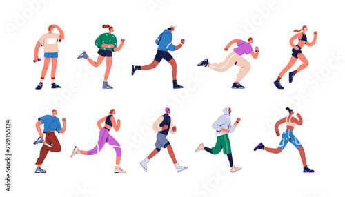 Active runners set. Joggers jogging in sportswear. Healthy men and women running, training, exercising. Sports characters in cardio workout. Flat vector illustration isolated on white background