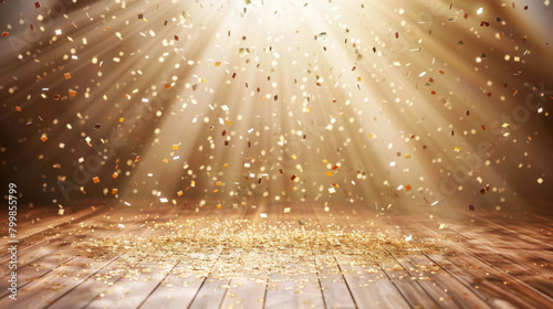 Golden confetti falls on the stage with a spotlight and wood floor background, isolated on a pastel background, providing copy space for text. photo