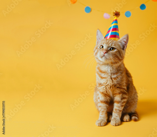 A cute ginger cat dons a birthday hat while sitting on a yellow background. photo