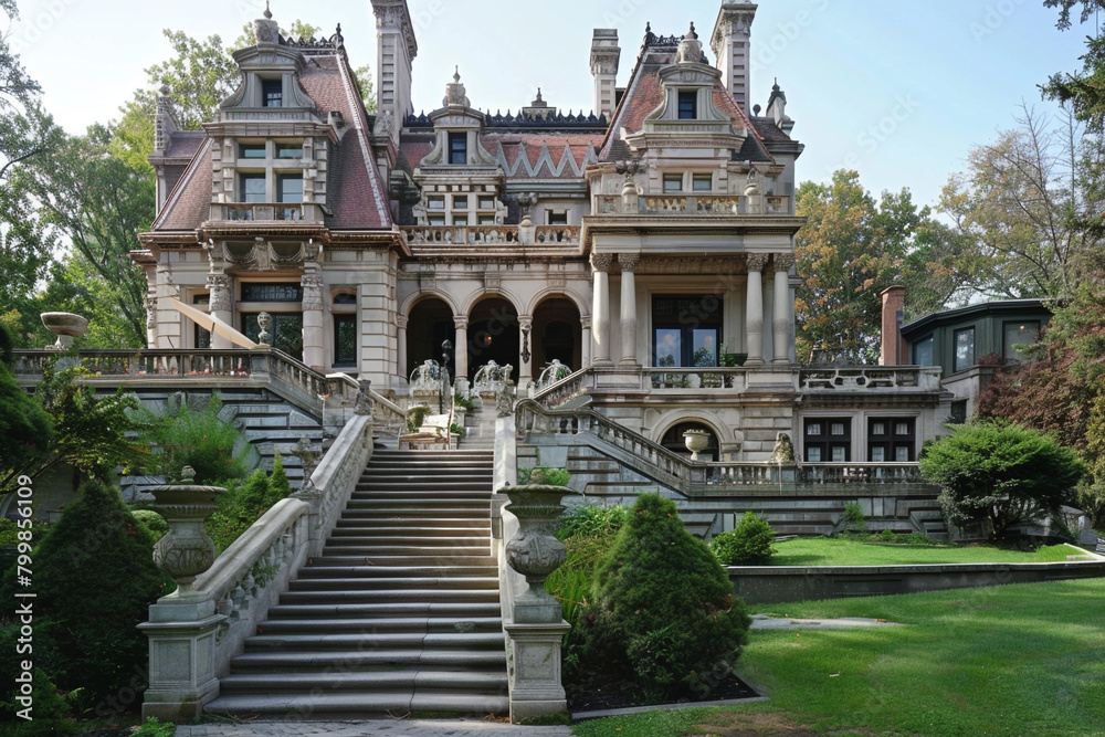 A grand Beaux-Arts style mansion featuring a sweeping staircase and elaborate stone facade.