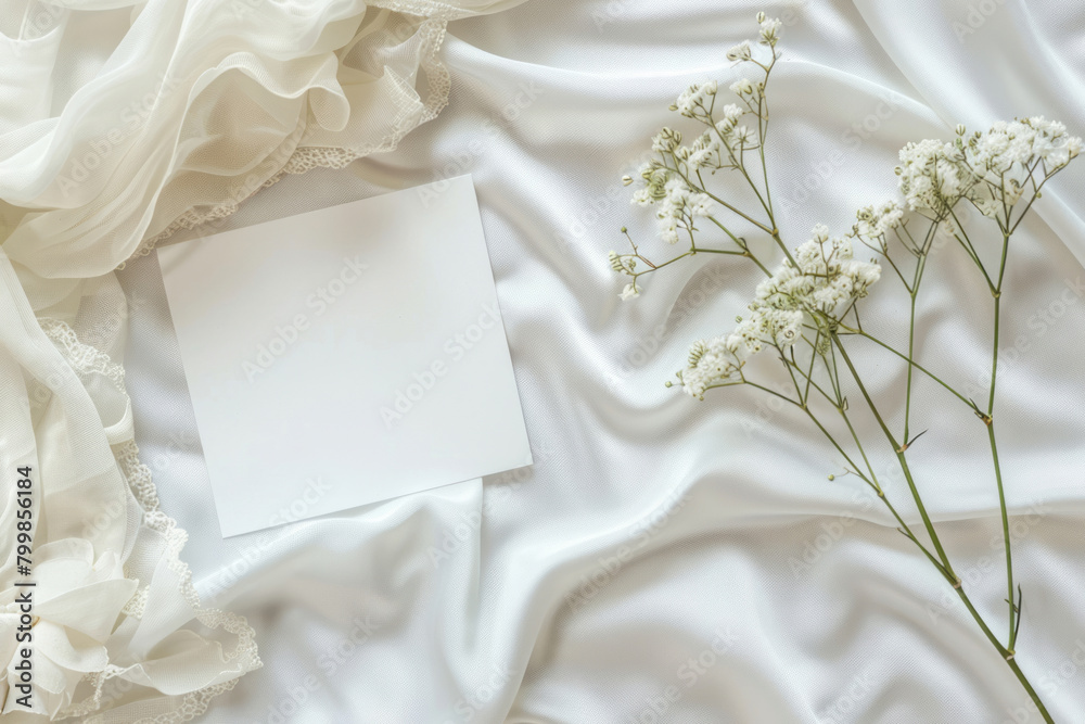 A blank white card lies on a table adorned with baby's breath flowers and a touch of delicate lace fabric, set against a white silk cloth backdrop. A blank white card lies on a table adorned with baby's breath flowers and a touch of delicate lace fabric, set against a white silk cloth backdrop.