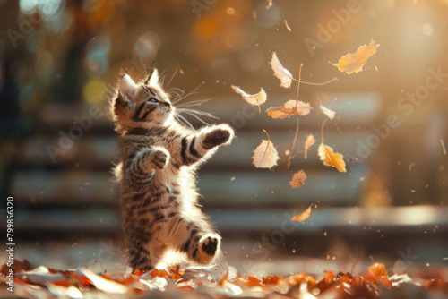A playful kitten chases falling leaves in the autumn sunlight, creating an enchanting and joyful scene.