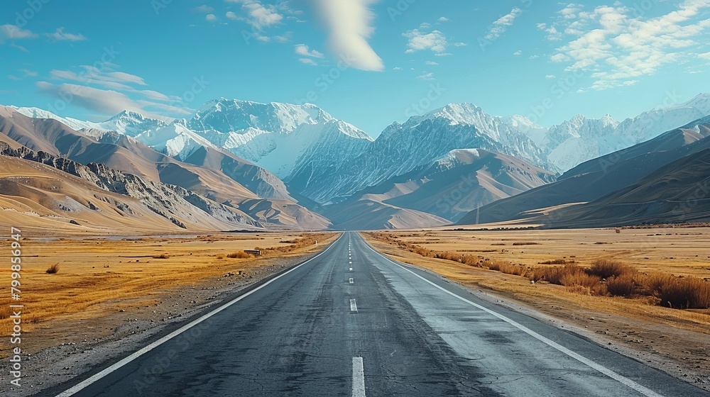 Straight road to the mountain. Expansive view of a straight asphalt road, converging at a distant mountain