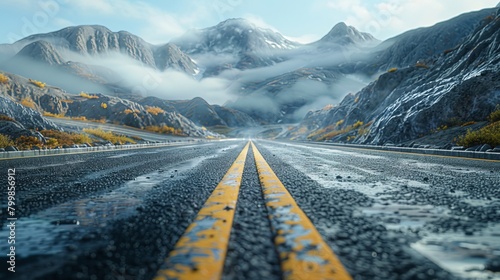Dramatic and symmetrical asphalt highway, highlighted by yellow lines, converging at a mountain photo