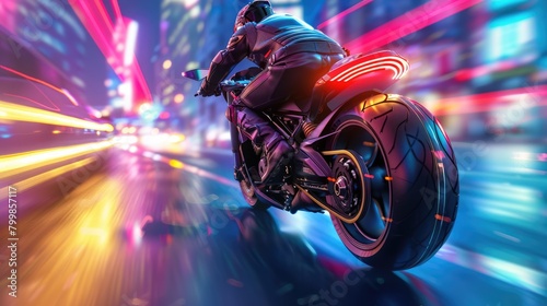 Back view of professional smart motorbike driver wearing helmet while driving in high speed surrounded with neon light at futuristic cityscape and skyscraper at night time. Blurring background. AIG42.