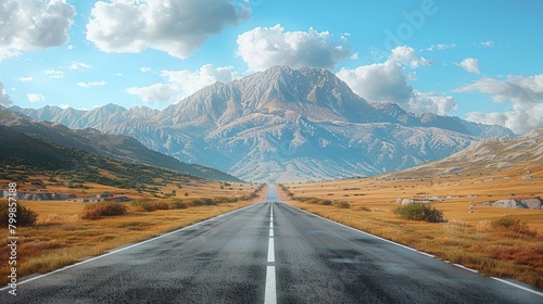 Straight road to the mountain. Expansive view of a straight asphalt road, converging at a distant mountain © saichon