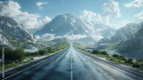 Depiction of a smooth highway journey towards a dramatic mountain