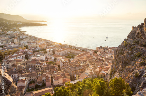 Sicily, Cefalu, View to old town of Cefalu, Cefalu Cathedral at sunrise, view from Rocca di Cefalu photo
