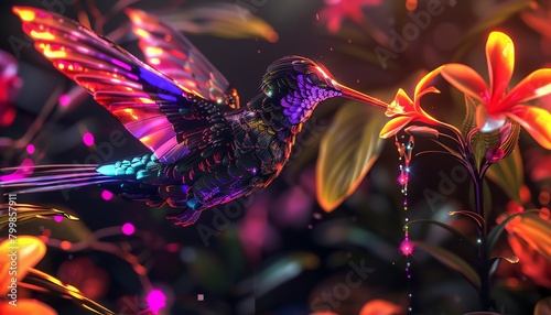 Craft a photorealistic digital island setting featuring a robotic hummingbird sipping from neon flowers Showcase the intricate metallic feathers catching the light