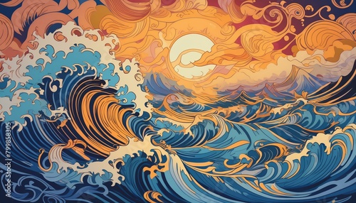 色濃い海に波風と夕日の余韻、水の波動が全体に広がっていくイラスト