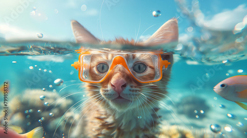 An adorable ginger kitten wearing orange goggles is swimming in the ocean. photo