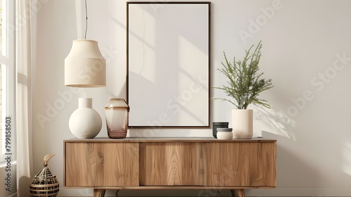 Mock up poster frame on cabinet in interior.3d rendering, Mock-up interior with dresser and decoration. 3d render illustration mockup, Loft style Living room and green wall sofa mock up Ai generated 