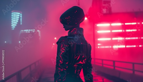 Capture the essence of futuristic fashion through a daring eye-level view, revealing metallic textures, neon hues, and avant-garde silhouettes in a dystopian setting