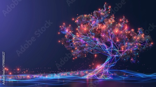 Technology trees growing on network lines, green energy network ecology concept illustration