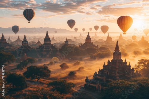 Sunrise Hot air balloon flying over old antique pagodas