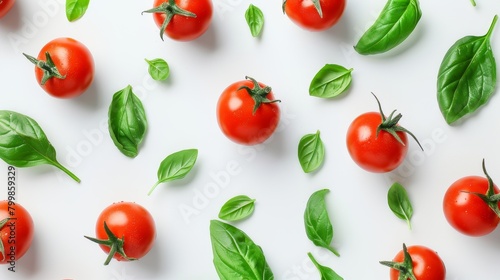 Ripe red tomatoes with green leaves on white background, fresh organic produce for healthy cooking © Oleg