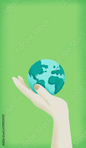 Hand with planet earth against green background photo
