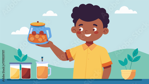 A young boy beams with pride as he presents his first batch of homemade sweet tea taught to him by his grandmother during a Juneteenth cooking lesson.. Vector illustration