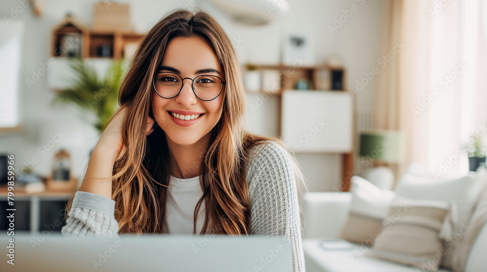 Сheerful and attractive girl performs office tasks remotely from the comfort of her home. She is seen using a laptop computer, engaged in distance learning and online work in a well-lit, white room se Сheerful and attractive girl performs office tasks remotely from the comfort of her home. She is seen using a laptop computer, engaged in distance learning and online work in a well-lit, white room se