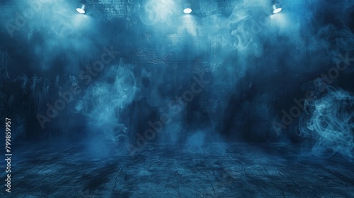 The background of the image has an abstract technology concept, a dark blue cement floor, a studio room with smoke floating into the background, a wall background with spotlights, laser lights photo