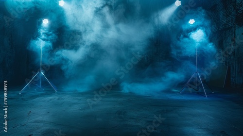 The background of the image has an abstract technology concept, a dark blue cement floor, a studio room with smoke floating into the background, a wall background with spotlights, laser lights photo