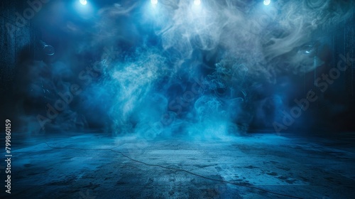The background of the image has an abstract technology concept  a dark blue cement floor  a studio room with smoke floating into the background  a wall background with spotlights  laser lights