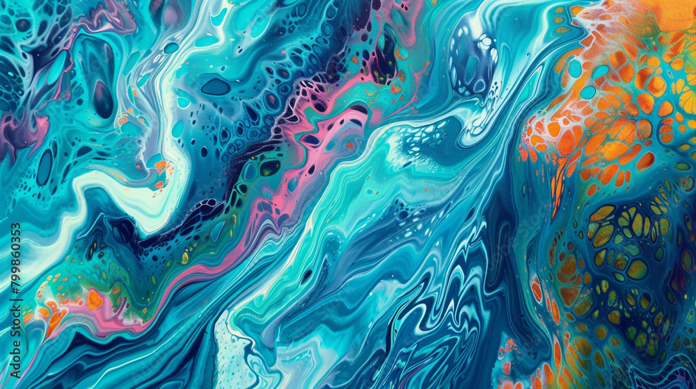 Abstract painting in acrylic with turquoise and coral, capturing the essence of ocean movement. Abstract painting in acrylic with turquoise and coral, capturing the essence of ocean movement.