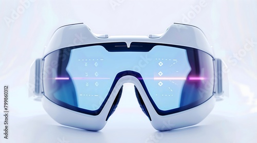  Close-up of augmented reality glasses displaying real-time information overlaid onto the wearer's view, set against a clean white surface.