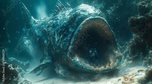 Giant monstrous abysmal fish with open mouth and by a diver photo