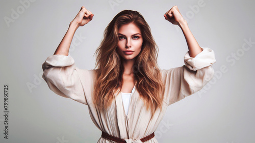 Portrait of determinated woman rising her arms up in the air in sign of self confidence photo