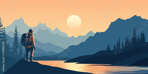 A tourist meets the sunrise in the mountains, hiking, adventure tourism and travel, vector illustration