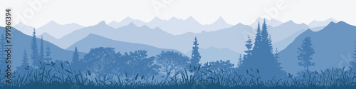 Mountain ranges and forest in the morning mist, seamless border, panoramic view, vector illustration
