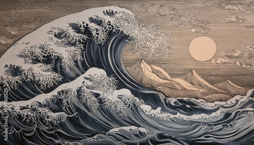 海に波風と夕日の余韻、水の波動が全体に広がっていくイラスト