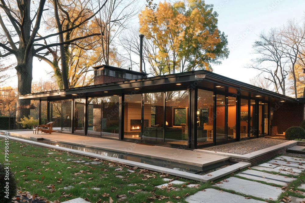 A mid-century modern masterpiece featuring a flat roof and floor-to-ceiling glass walls.
