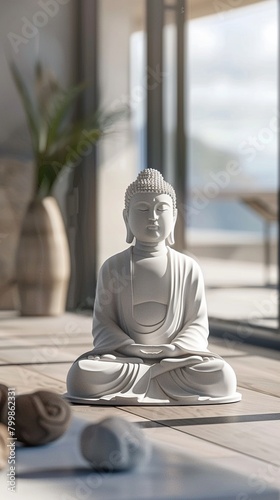 A 3D render of a white Buddha  minimalist in style  exudes tranquility in a serene setting