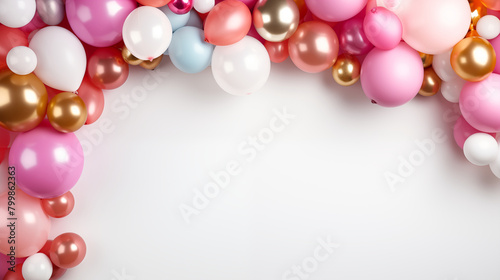 A festive balloon arch framing the edges of the photo, with a blank center space for text