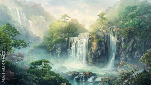 A waterfall flows through a fantasy landscape, depicted in soft pastel hues, creating a peaceful escape