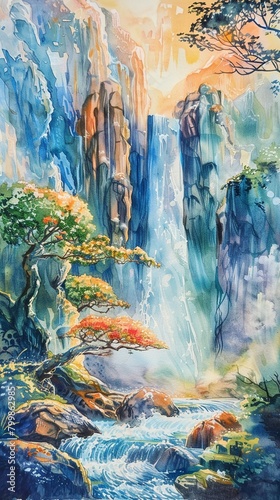 Pastel watercolors capture a majestic waterfall in a fantastical landscape, serene and enchanting © miss[SIRI]