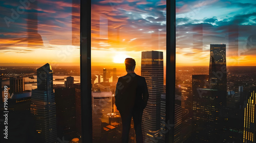 Business Man Overlooking Modern City at Sunset
