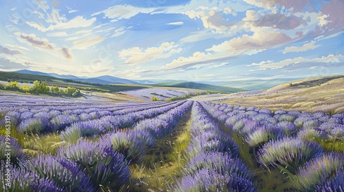The lush textures of oil paint illustrate a grassland merging into a lavender field in a picturesque province