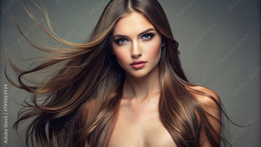 A close-up portrait of a beautiful brunette model with long hair and dramatic makeup